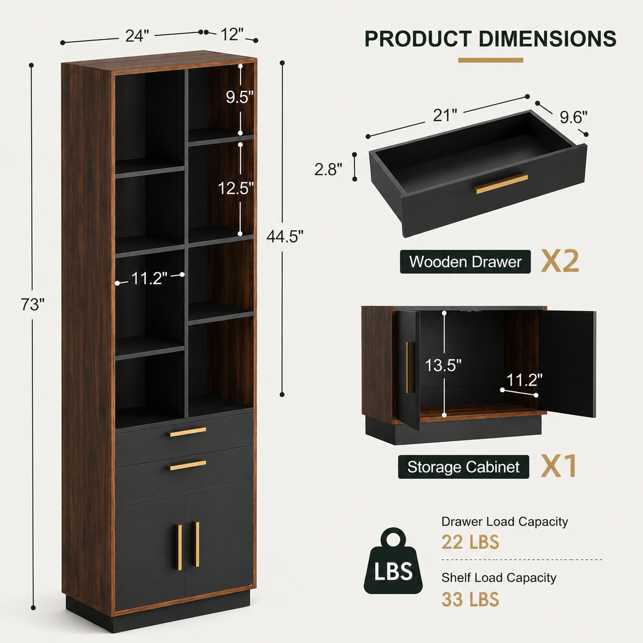 73-Inch Walnut Bookcase with Storage Shelves - Image 2